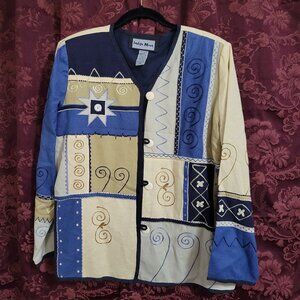 Indigo Moon Jacket Size Medium Blue Beige Patchwork Design